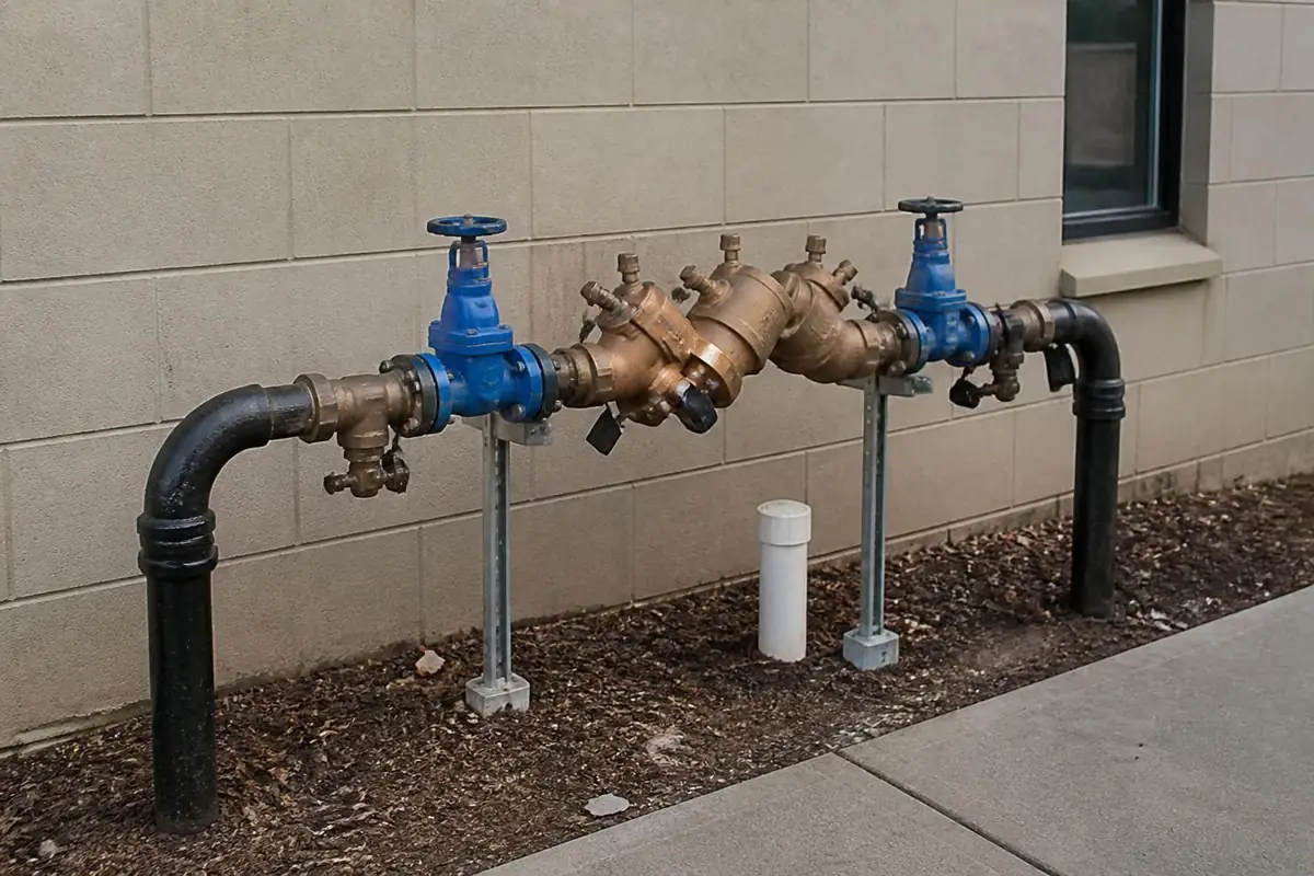 Reduced pressure zone backflow assembly next to a commercial building, backflow testing in Winston-Salem, NC