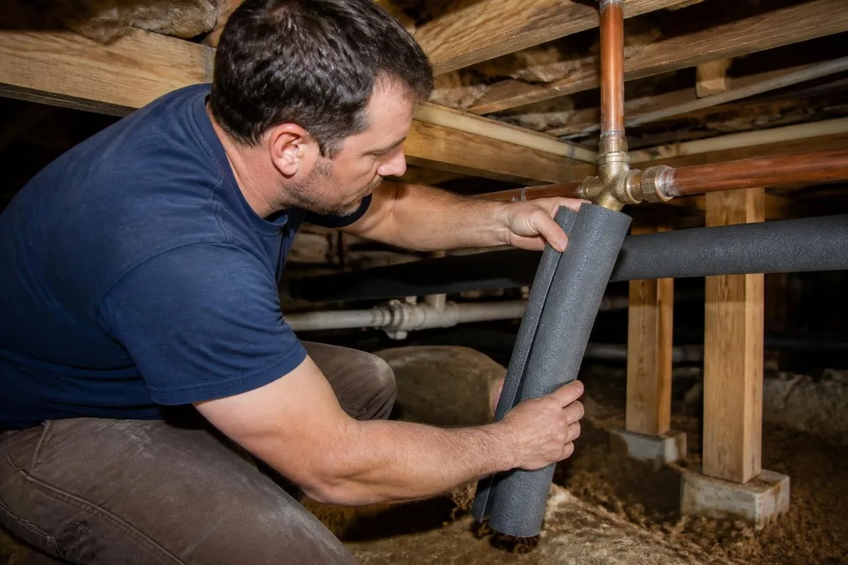 Plumber wrapping foam insulation around water pipes in a crawl space, burst pipe repair in Winston-Salem, NC