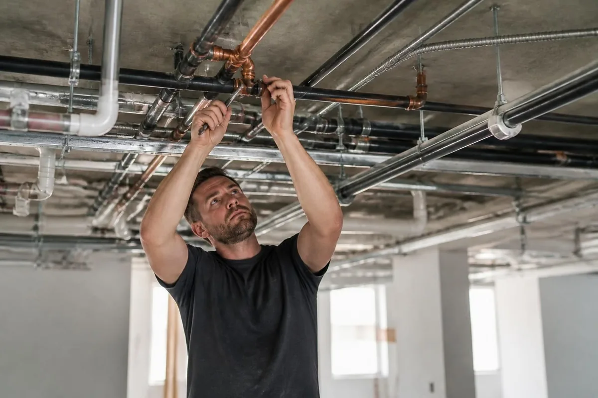 Plumber working on overhead pipes in a commercial building, commercial plumbing in Winston-Salem, NC