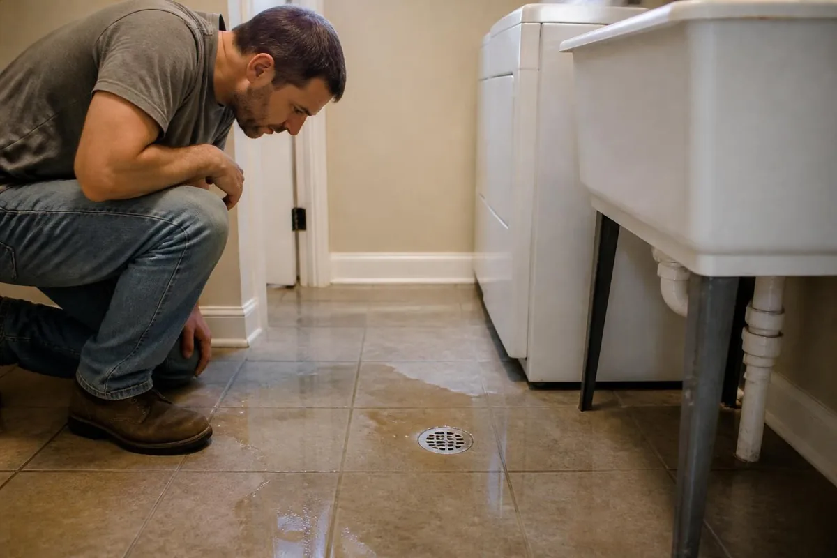 Plumber inspecting water pooling around a laundry room floor drain, emergency plumber in Winston-Salem, NC