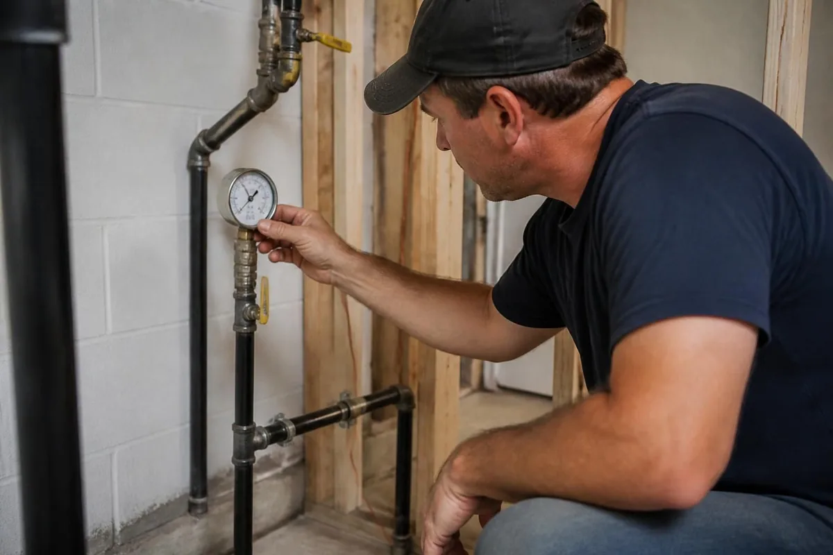 Plumber reading a gas pressure test gauge on new gas piping, gas line services in Winston-Salem, NC