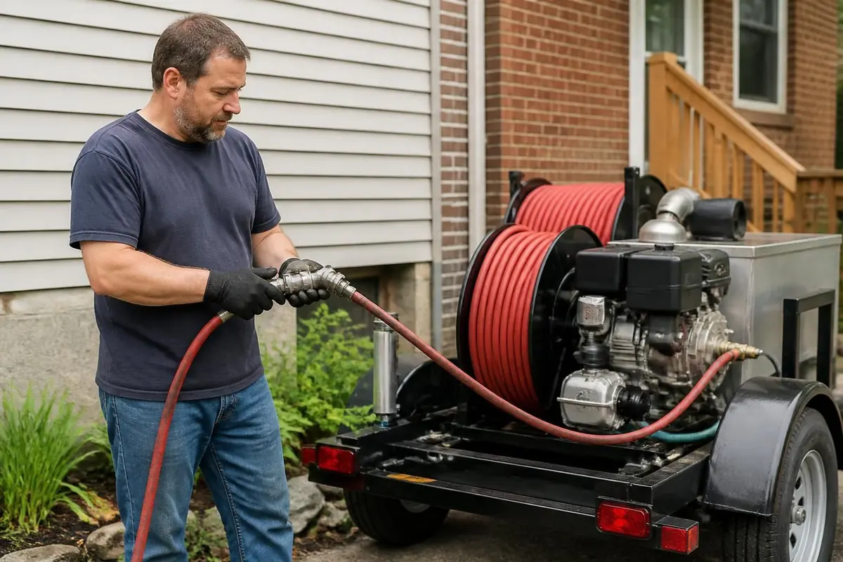 Plumber holding a hydro jetting nozzle beside a trailer-mounted jetter, hydro jetting in Winston-Salem, NC