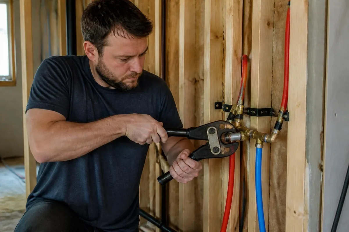 Plumber crimping a PEX fitting on new supply lines, repiping in Winston-Salem, NC