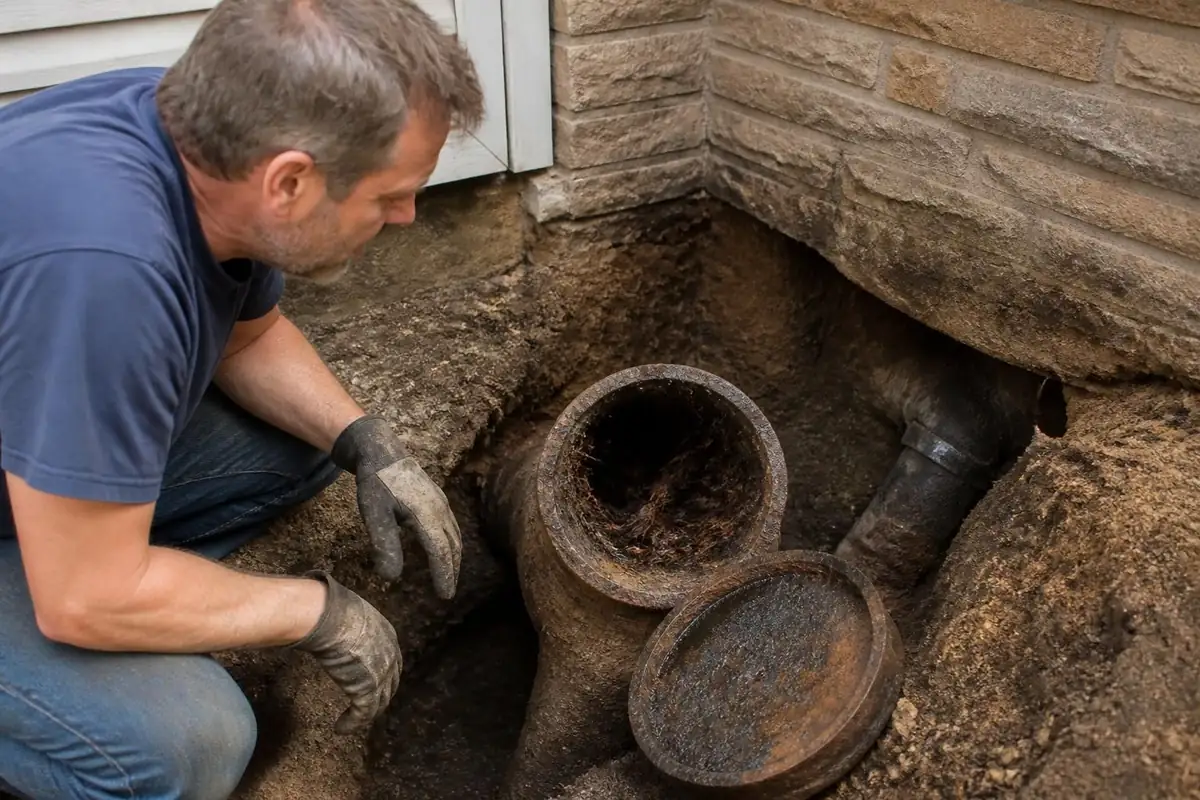 Plumber inspecting an opened cast iron sewer pipe with root intrusion, sewer line repair in Winston-Salem, NC