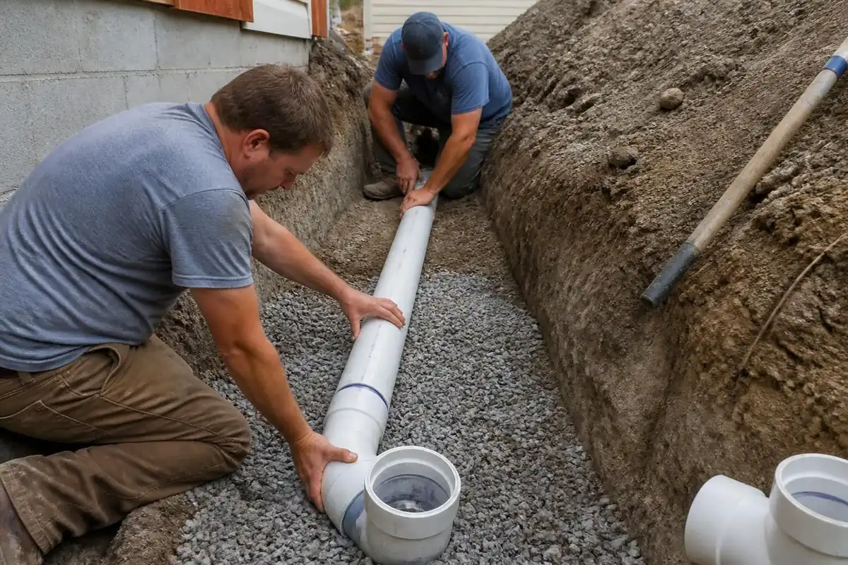 Plumbers laying new PVC sewer pipe in a trench with gravel bedding, sewer line replacement in Winston-Salem, NC