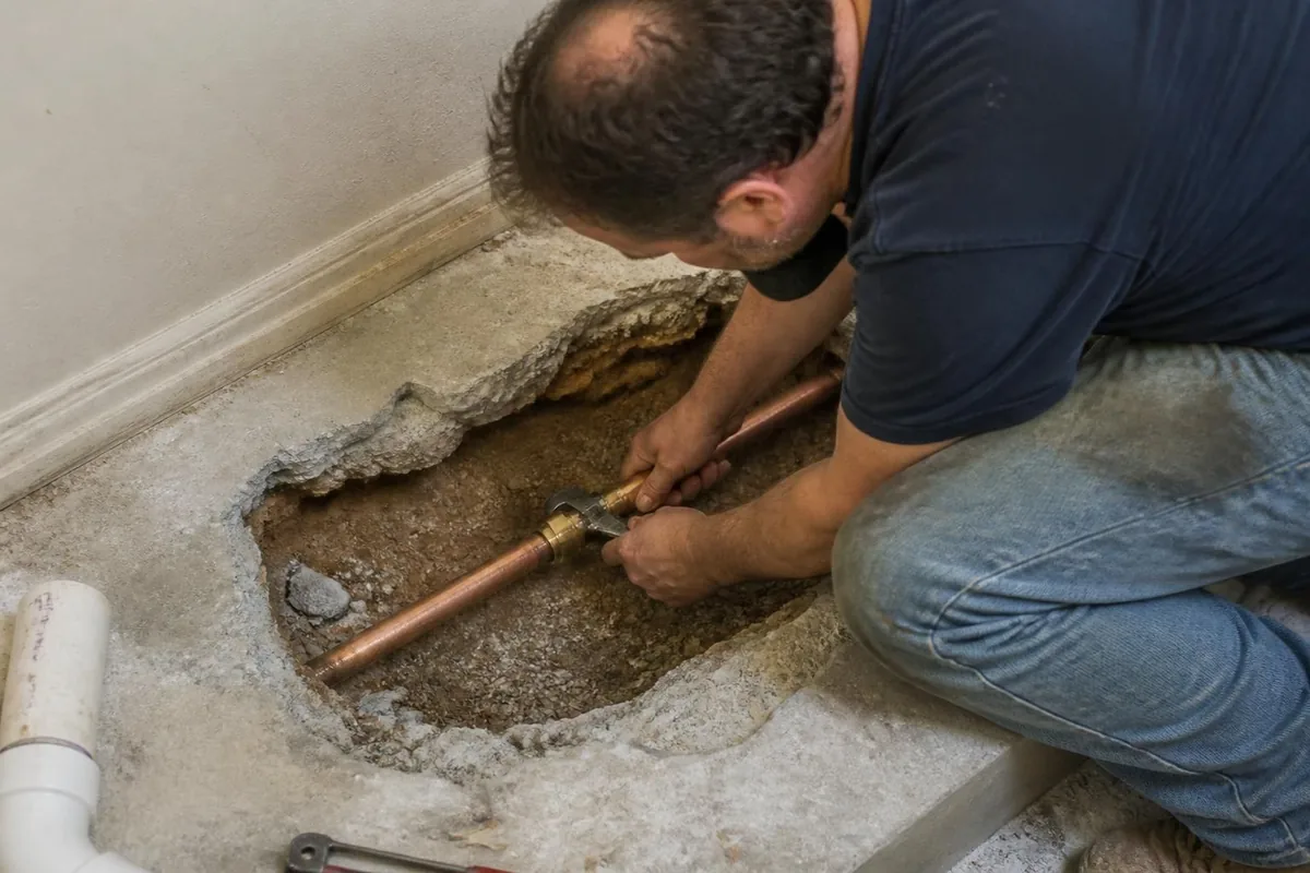 Plumber repairing a copper pipe exposed beneath a broken concrete floor, slab leak repair in Winston-Salem, NC