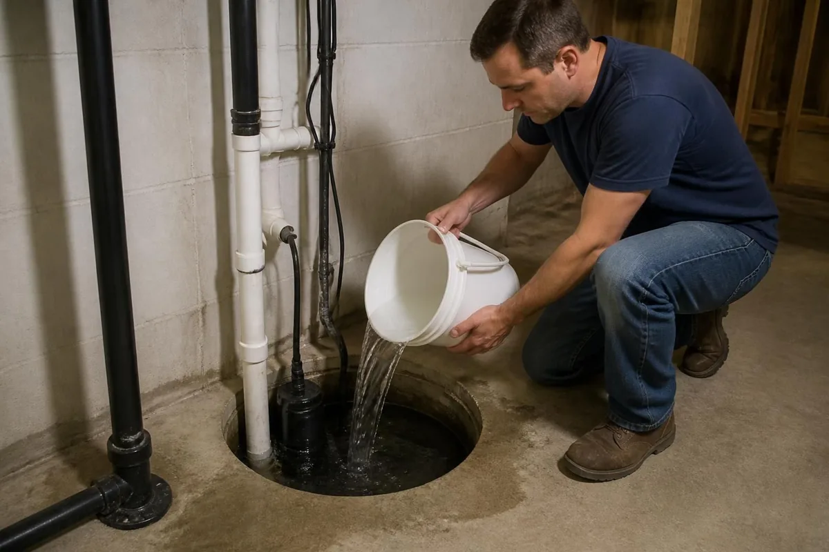 Plumber testing a sump pump by pouring water into the pit, sump pumps in Winston-Salem, NC