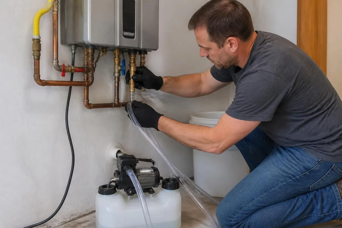Plumber flushing a tankless water heater with a descaling pump kit, tankless water heaters in Winston-Salem, NC
