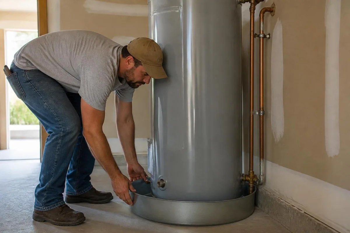 Plumber setting a new water heater into a drain pan in a garage, water heater replacement in Winston-Salem, NC