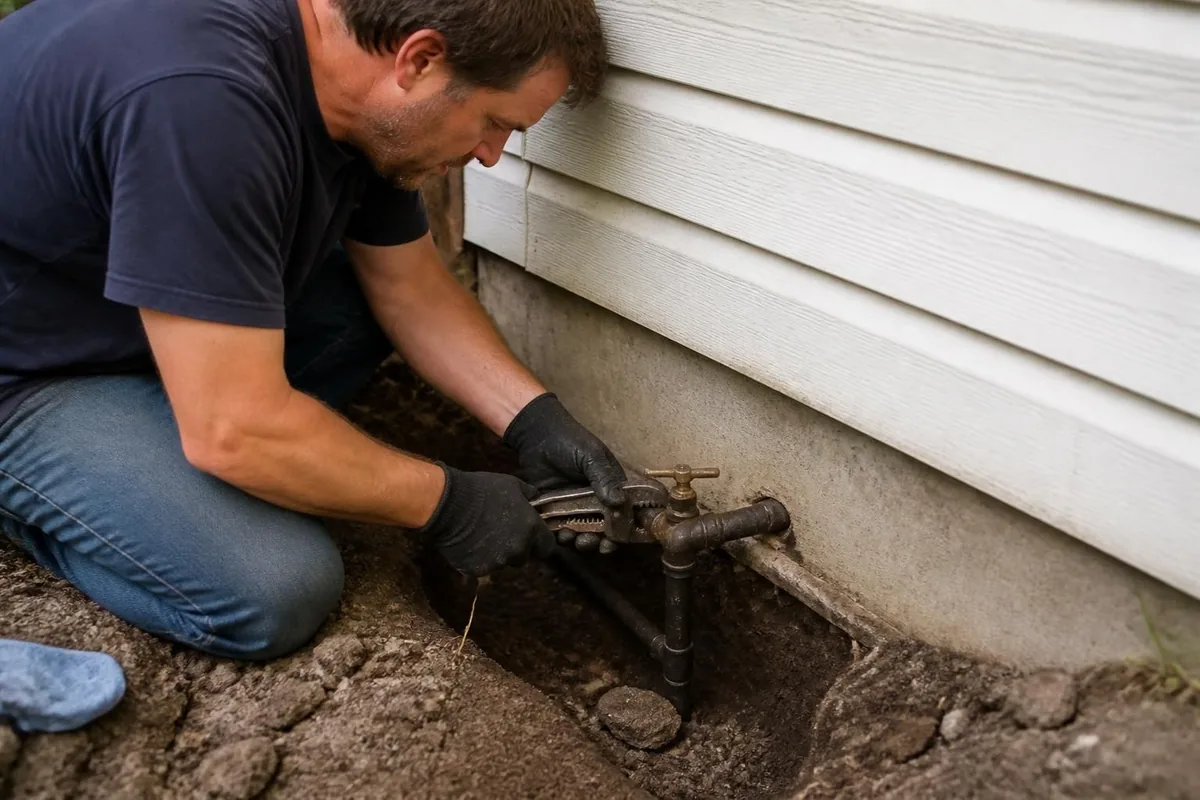 Plumber replacing a main shutoff valve where the water line enters a house, water line repair in Winston-Salem, NC